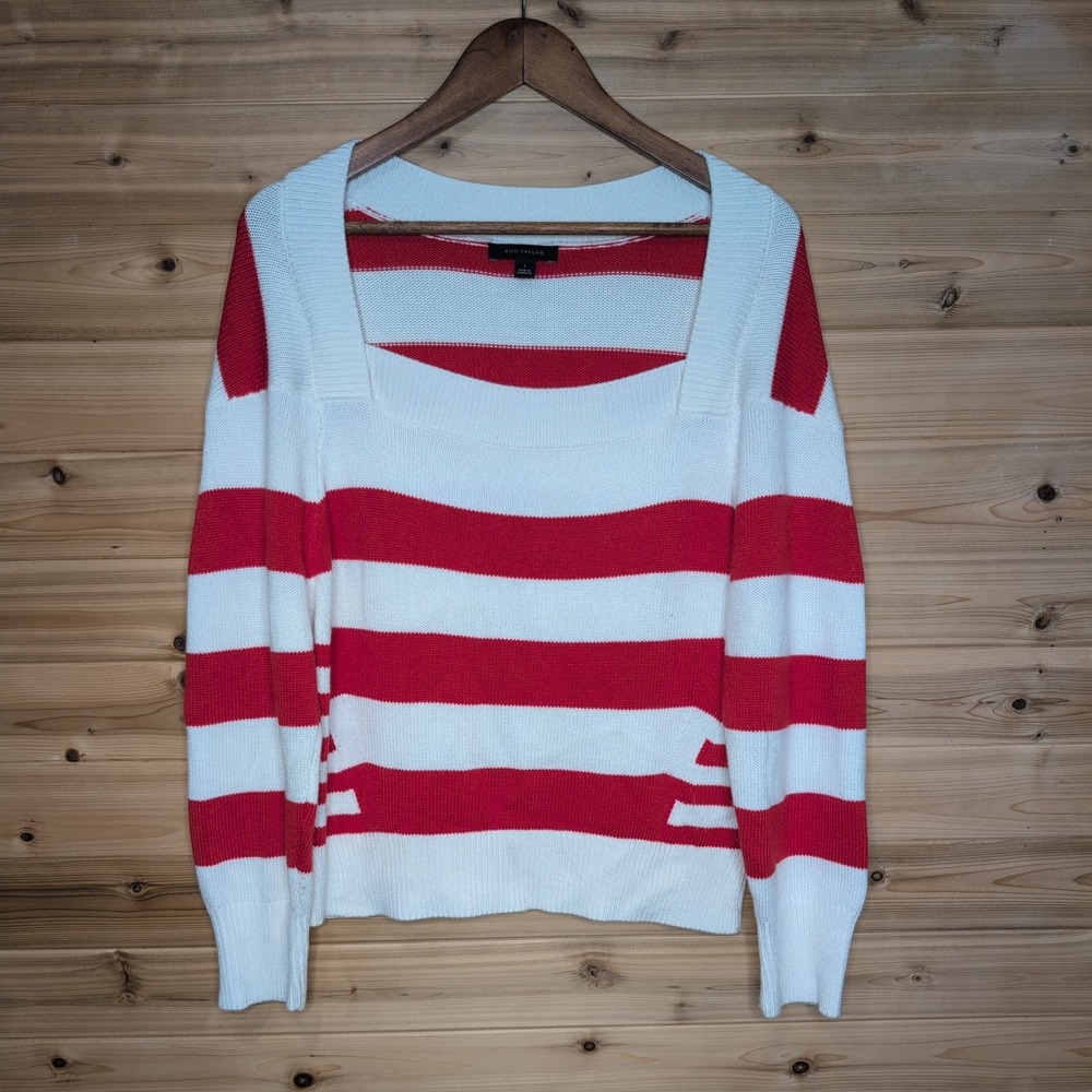Ann Taylor Red White Striped Square Neck Knit Sweater Large Womens